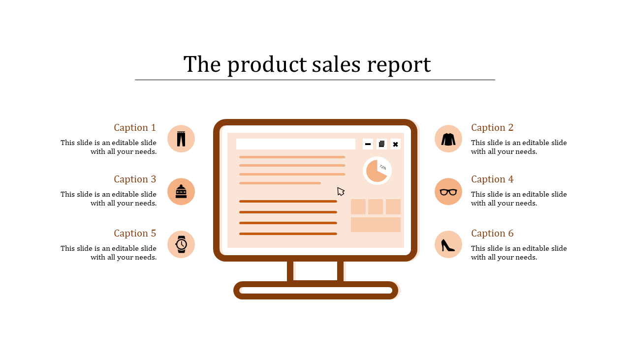 Sales report template featuring a computer monitor in brown and six captions with icons for products.