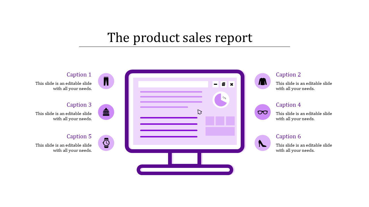 Flat style product sales template with a purple monitor displaying analytics, with six fashion item icons arranged around it.