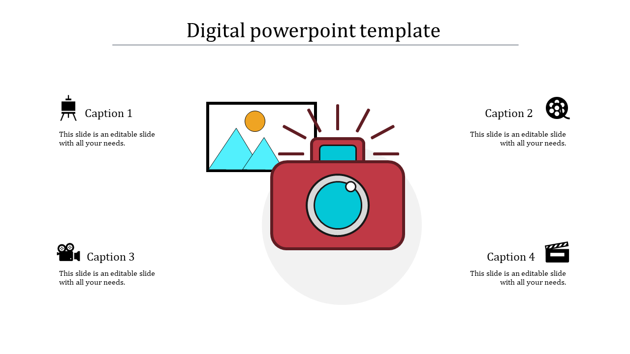 Digital photography infographic with a red camera icon at the center, a picture frame, and four caption areas.