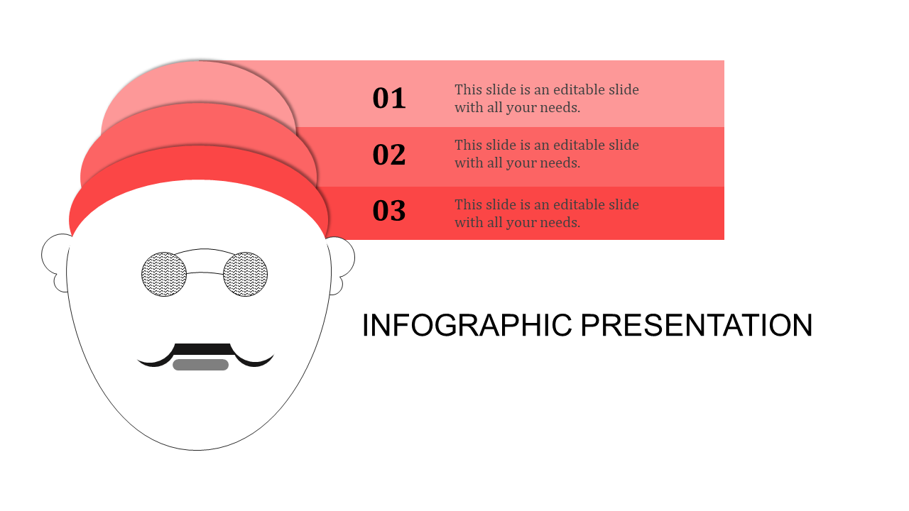 Face illustration with red layered hat and three horizontal shapes for a structured infographic design.