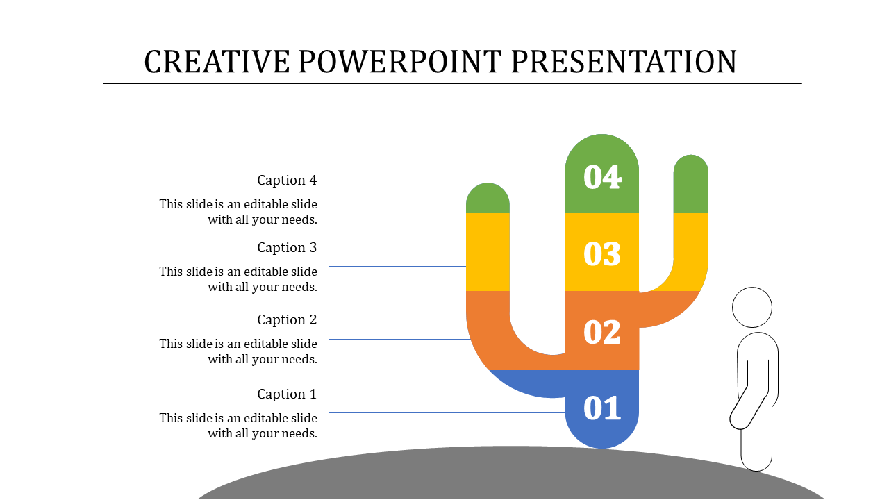 PowerPoint slide for creative presentations featuring a colorful cactus and four numbered sections with captions.