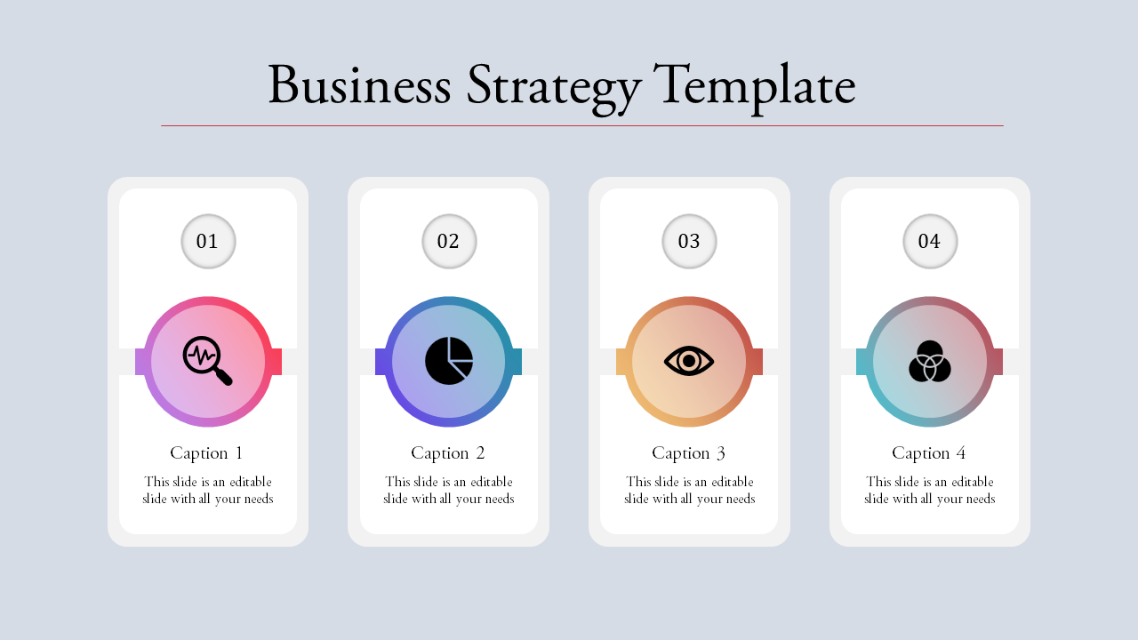 Business strategy template with four panels, each containing a colorful circular icon and step numbers from 01 to 04.