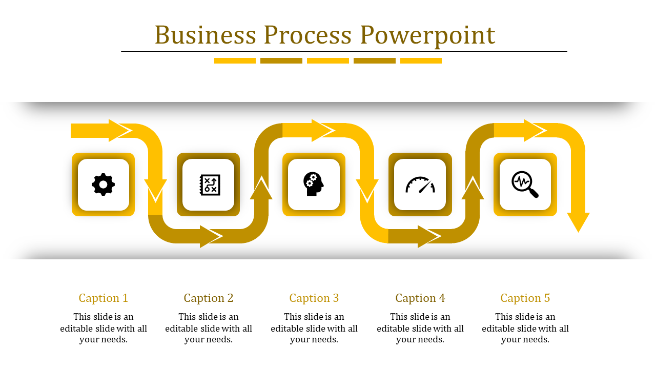 Business process slide with a yellow zigzag arrow connecting five square icons, each representing a different step.