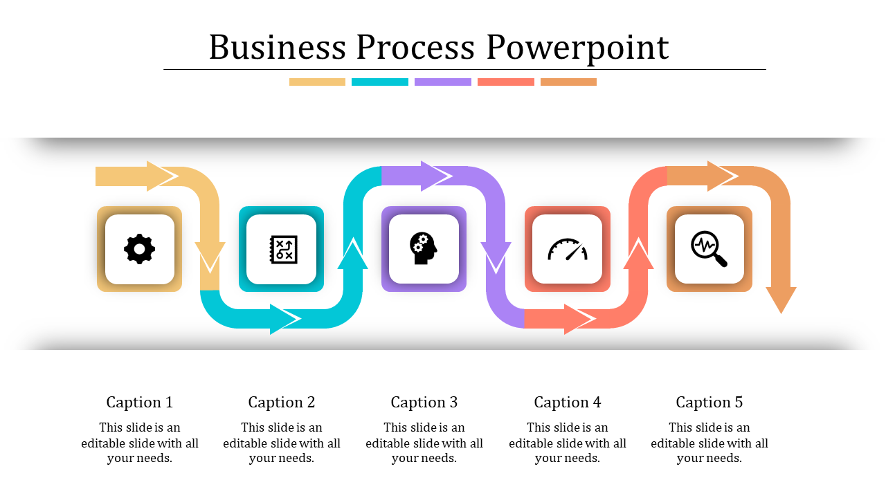 Flowchart with vibrant yellow, teal, purple, orange, and brown arrows connecting icons symbolizing key business processes.