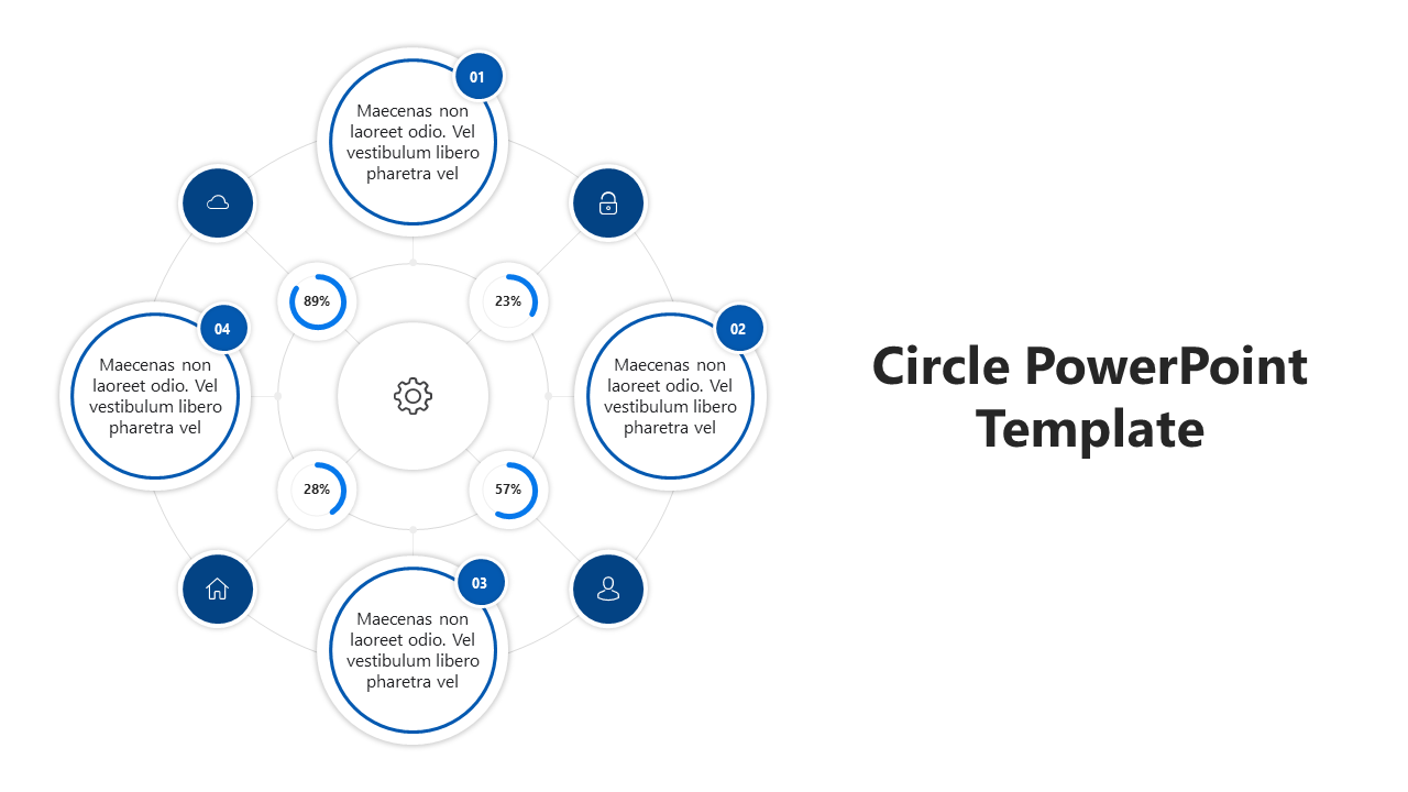 Modern circular design template featuring six radial text blocks, icons, and a center with key percentages.