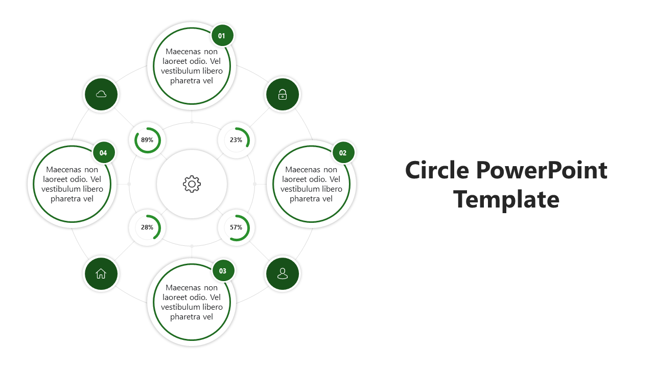 Circle PPT slide with four sections, each showing a percentage and corresponding icon, arranged around a central area.