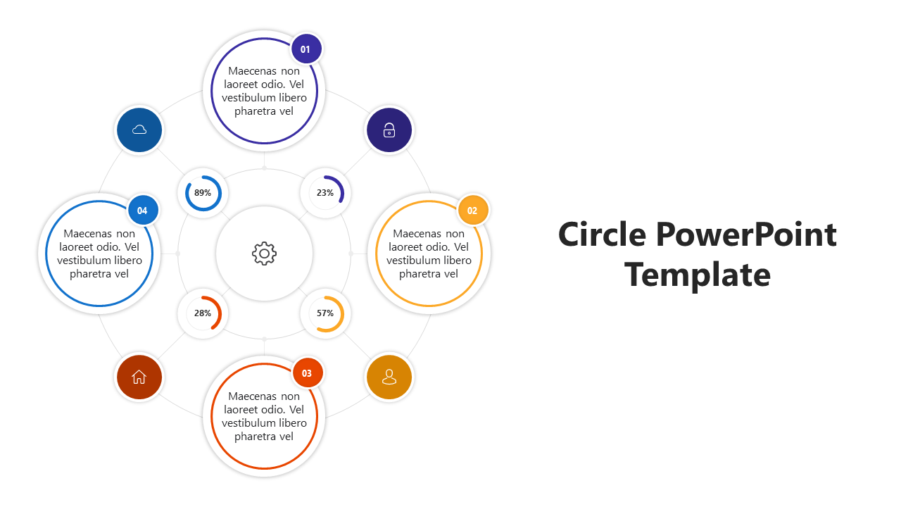 Modern circle diagram  design with multiple rings, icons, and text spots arranged around central stats.