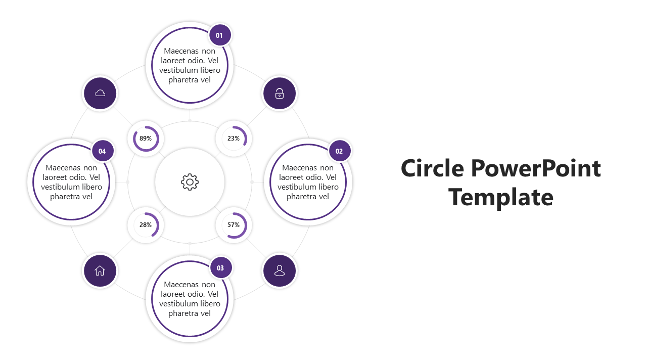 Circle PowerPoint template with four purple circular sections, each displaying a percentage and a corresponding icon.