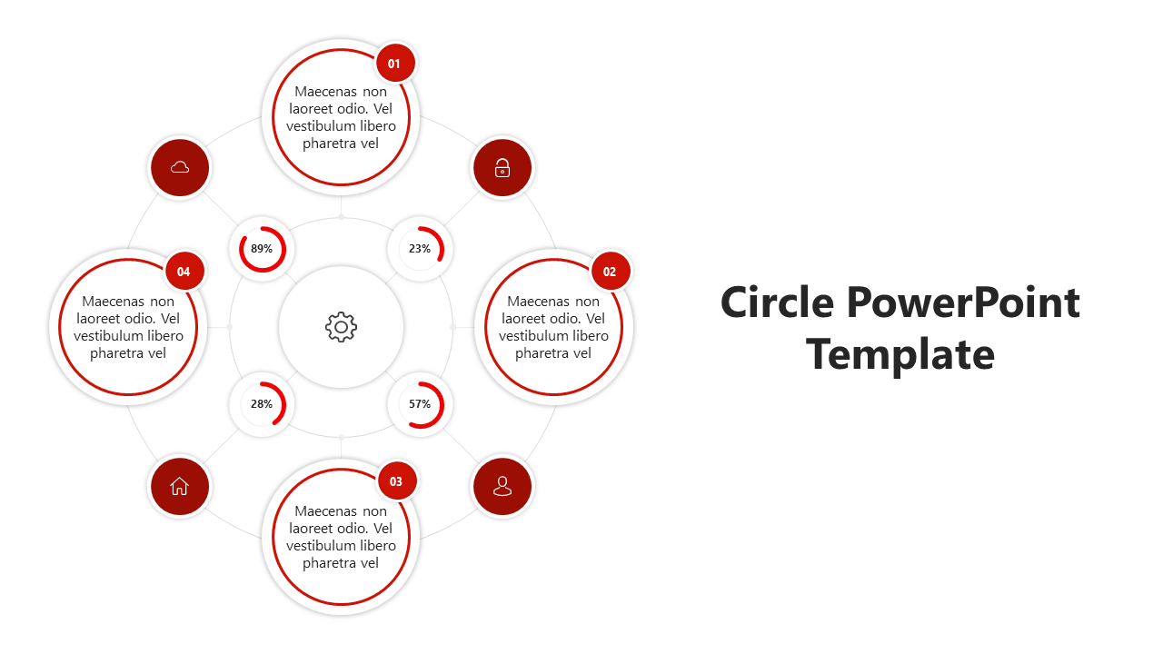 Circle themed infographic template with four red highlighted sections and various percentages around it.