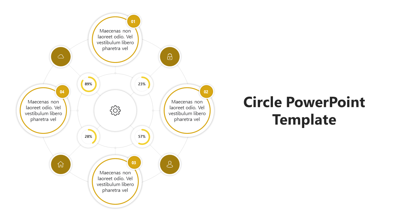 Infographic design featuring a circle with four yellow highlights, featuing percentage markers, and text in bubbles.