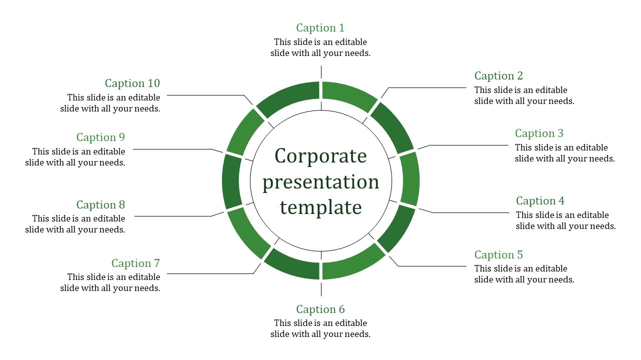 Circular corporate template in green, featuring 10 caption areas and a central heading.