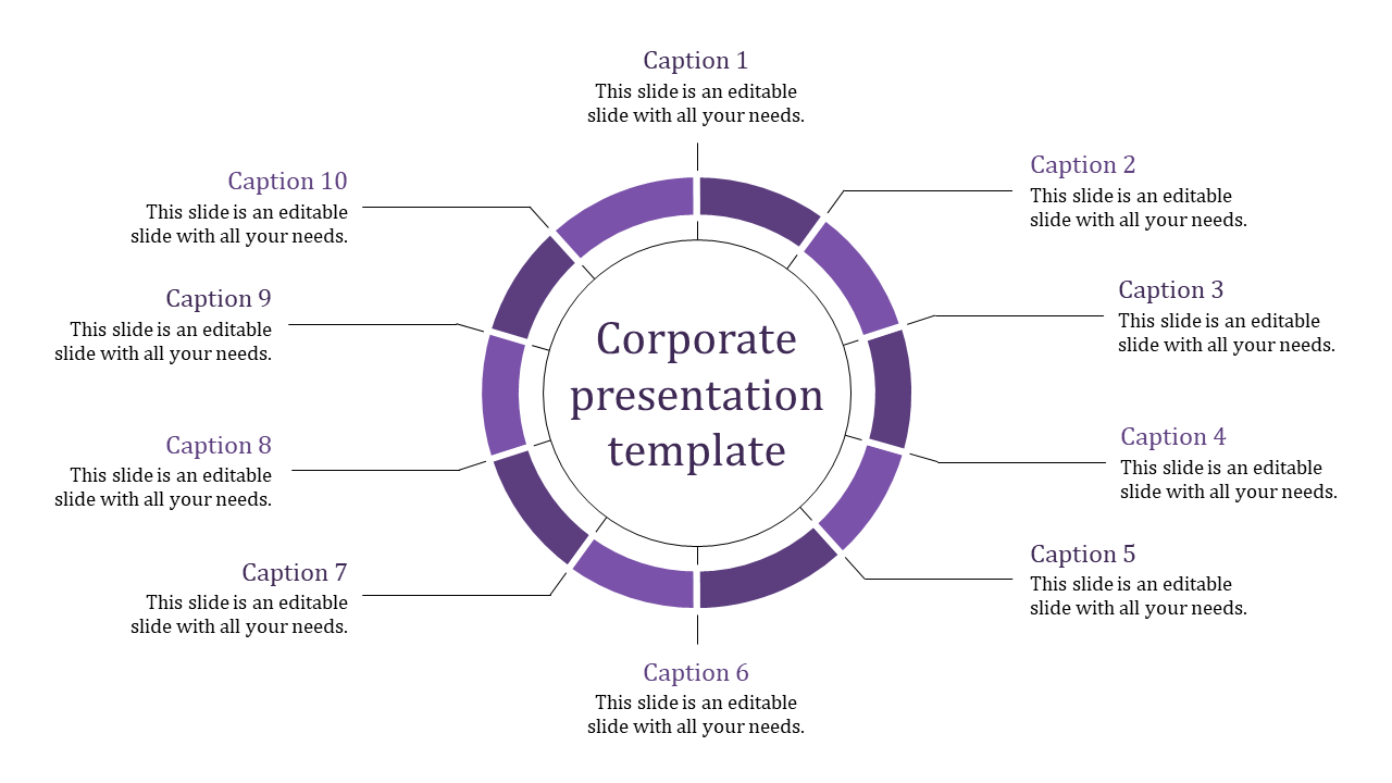 Corporate template with a purple ring,  placeholders text areas around it, and a main heading in the center.