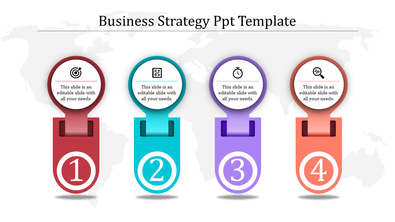 Business strategy PPT slide featuring four colored sections with icons for goals, analysis, time, and monitoring with text.