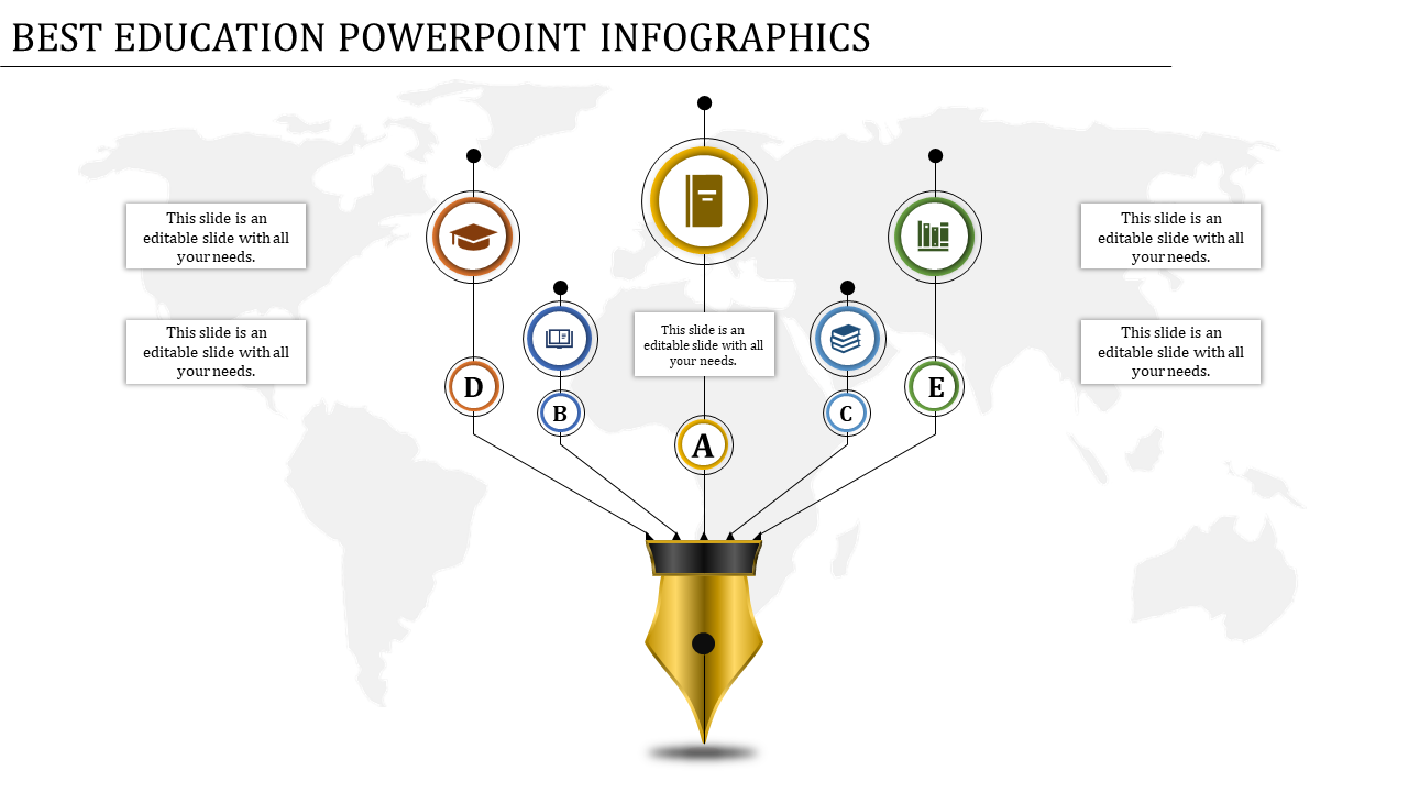 Best education  infographic with a fountain pen nib connecting five lettered icons from A-E on a faint world map.