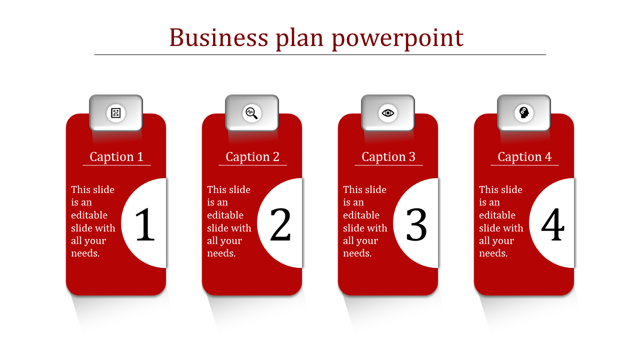 Business plan slide layout with four red blocks, each block has a number, icon, and placeholder text areas.