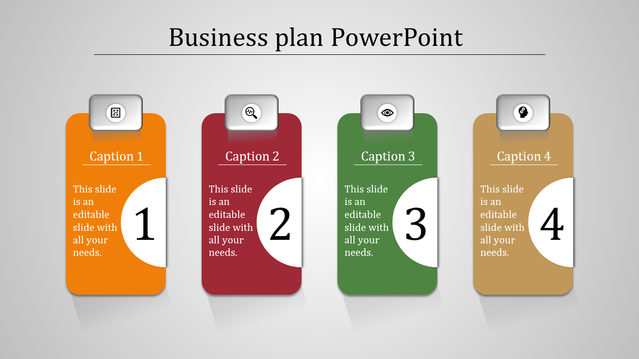 Business plan PowerPoint template with four colored sections, each with a numbered icon and captions.