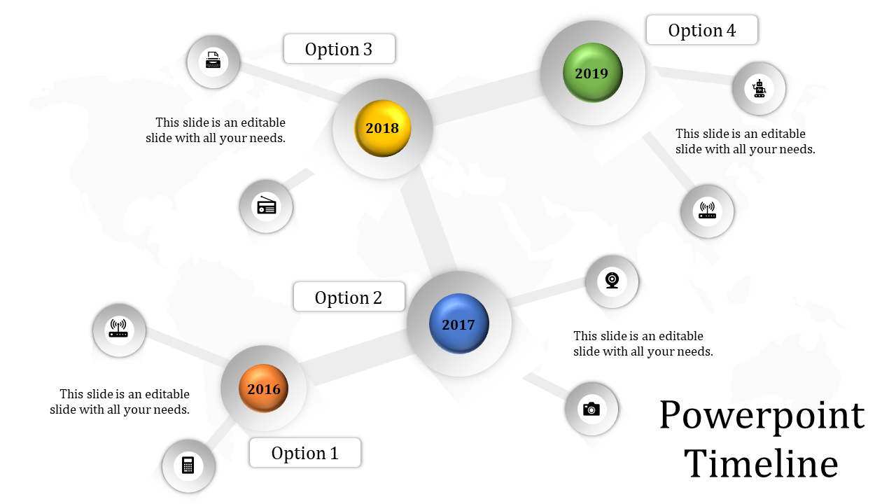 Timeline PPT slide showing years from 2016 to 2019, with each year marked by a colorful circle and an icon with a text area.