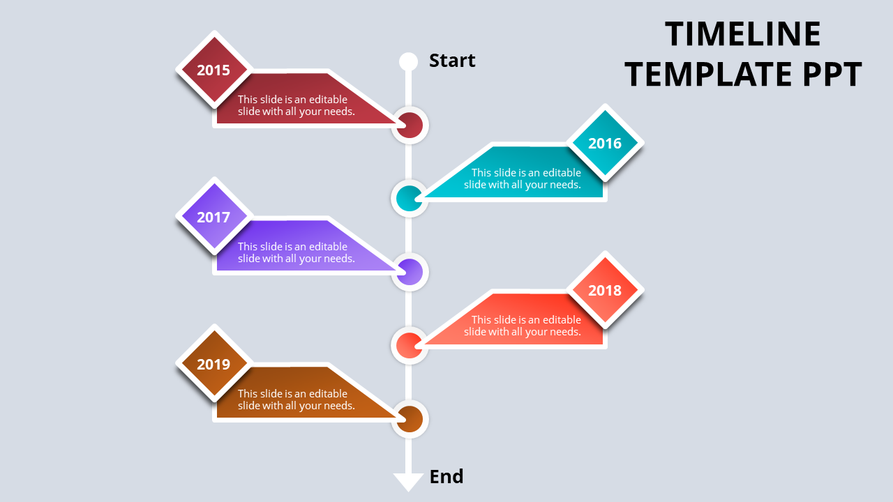 Colorful diamond shaped PowerPoint timeline template with years 2015 to 2019 and text fields.