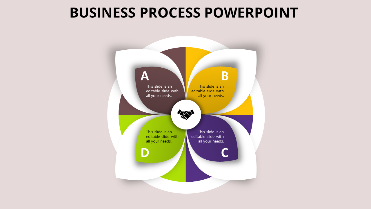 Brightly colored flower shaped business slide with labeled petals in brown, yellow, purple, and green, and a handshake icon.