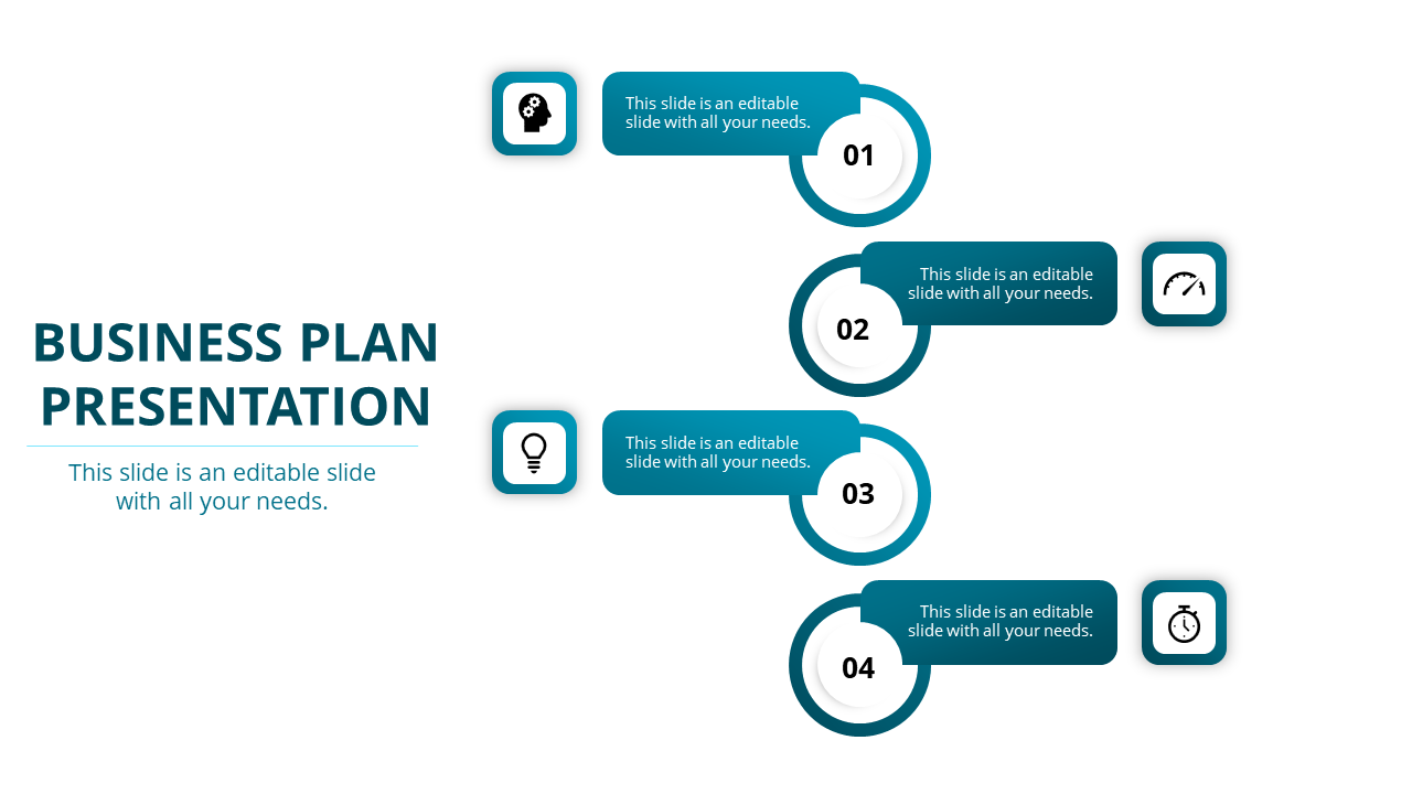 A business plan slide featuring four numbered steps, with icons for thinking, strategy, innovation, and time management.