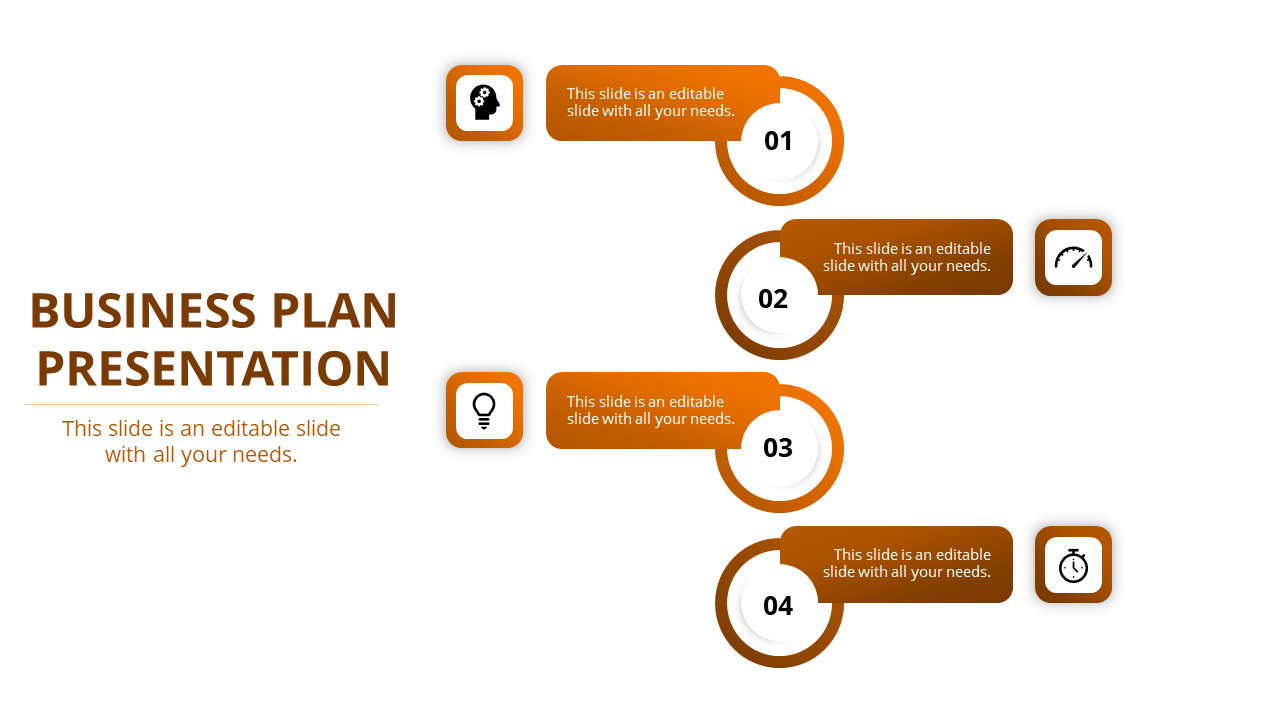 Four-step business plan diagram with icons representing each stage, labeled 01 to 04, placed next to a brown text box.