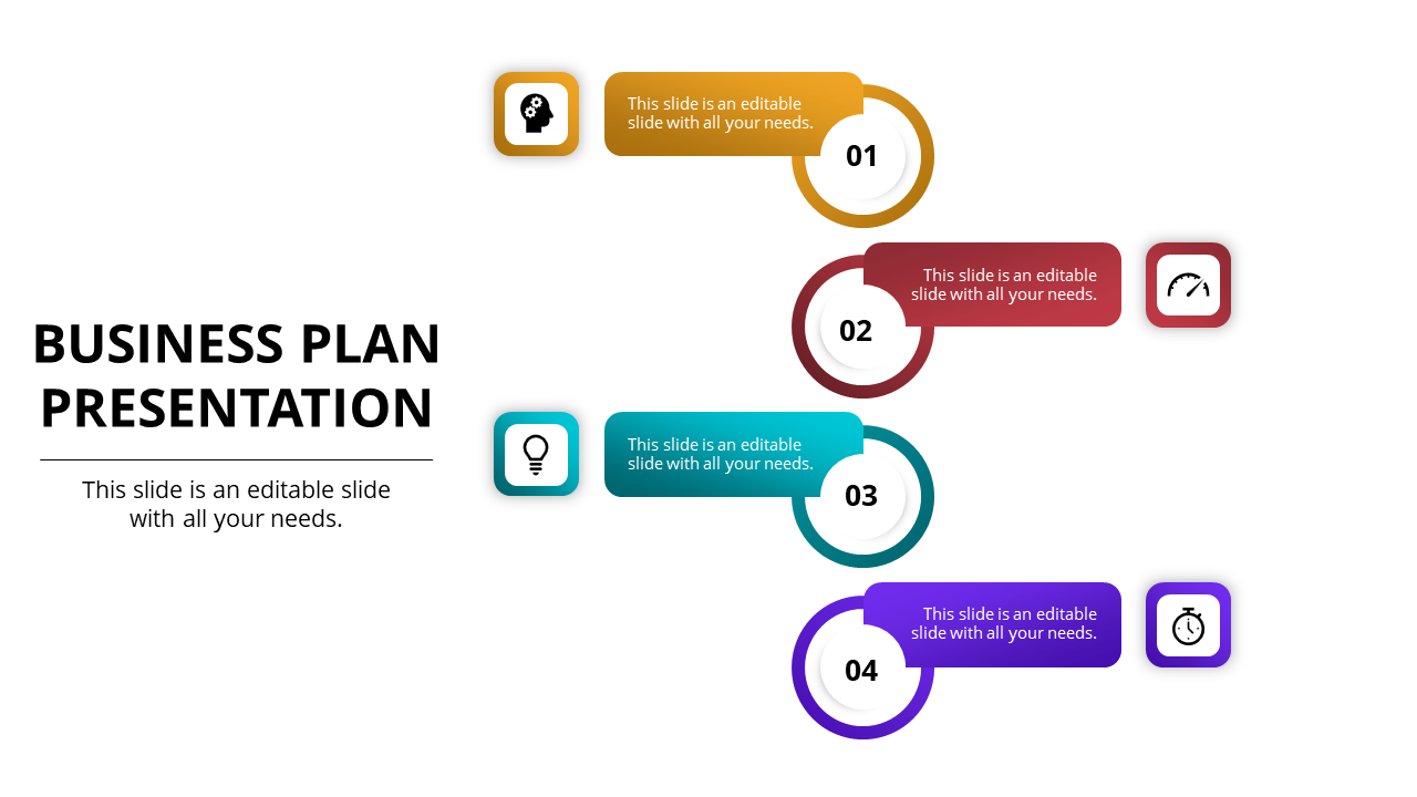 Business roadmap template displaying four milestone steps with curved connectors, colorful text boxes, and icons.