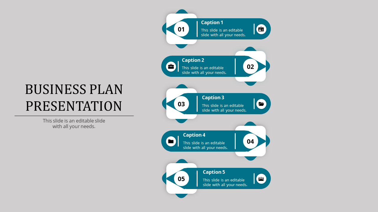 Business plan presentation slide with a five step vertical layout, each step labeled with an icon and caption area.