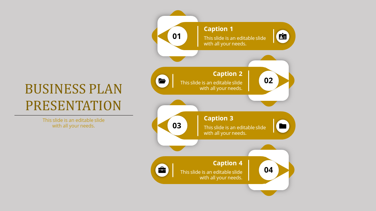 Business plan layout with four horizontal gold banners featuring icons and captions areas in a grey background.