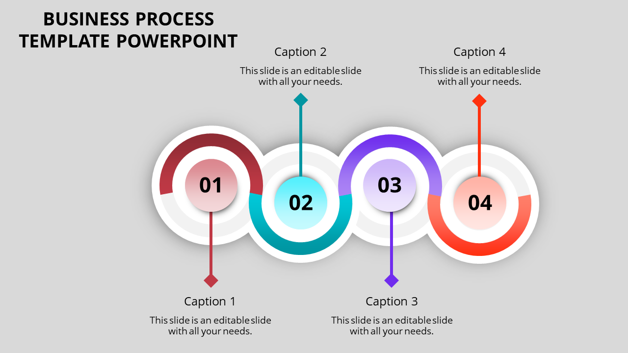 Business process PowerPoint slide with four numbered steps, each represented by colorful circular icons.