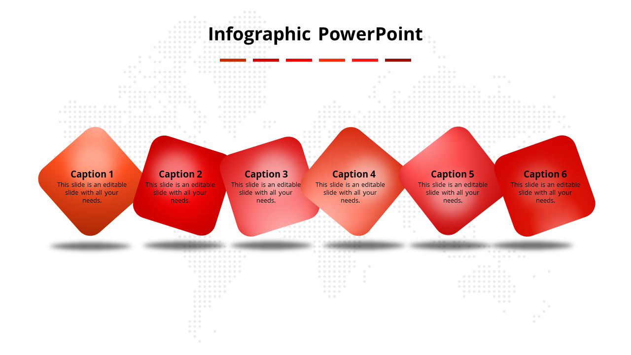 Six red gradient rhombus shapes arranged horizontally with captions below, on a white background with a dotted world map.