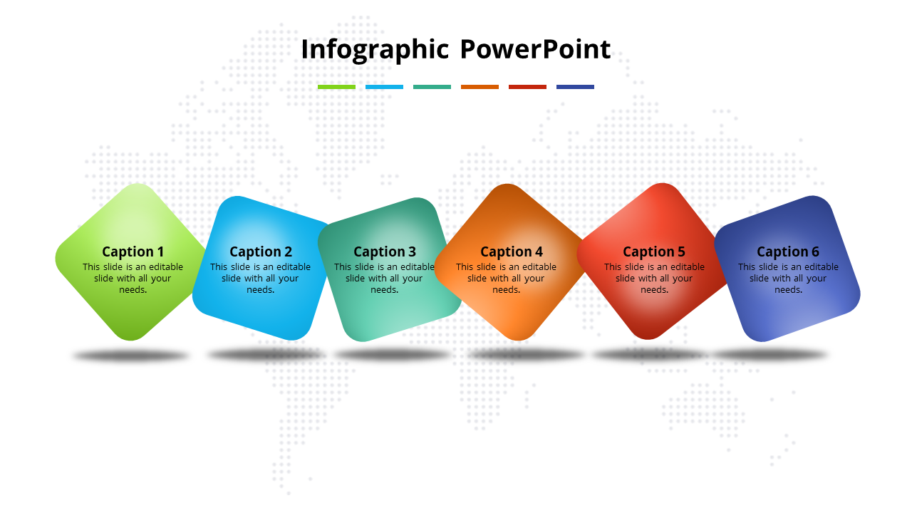 Infographic PowerPoint template with six colorful diamond shaped sections, each containing space for captions.