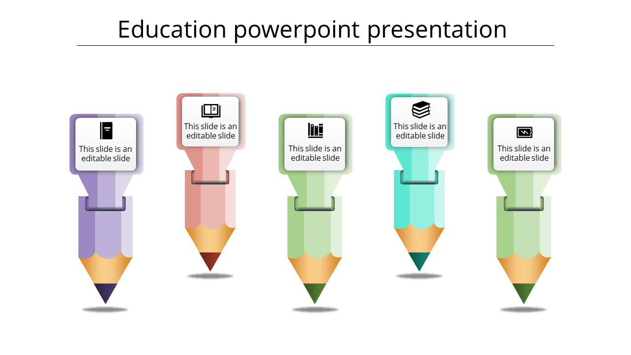 Education PowerPoint presentation template with five colorful pencils, each representing a different concept, with icons.