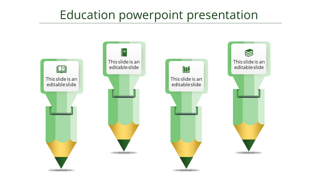 Slide featuring four green pencils with gold tips, and icons on top, arranged evenly against a white backdrop.