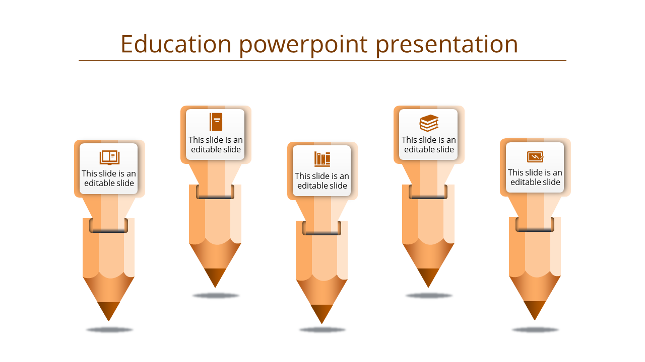 Educational PowerPoint slide with pencil shaped graphics and text boxes for content sections.