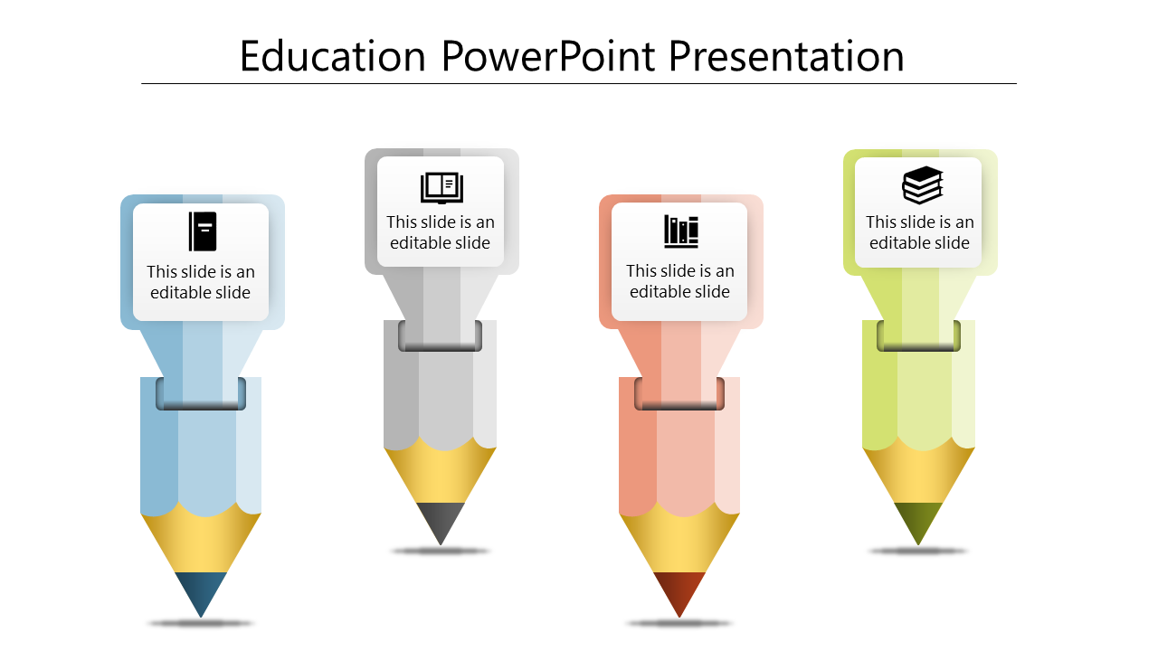 Education PowerPoint template with four colorful pencils, each representing a different topic with icons and text sections.