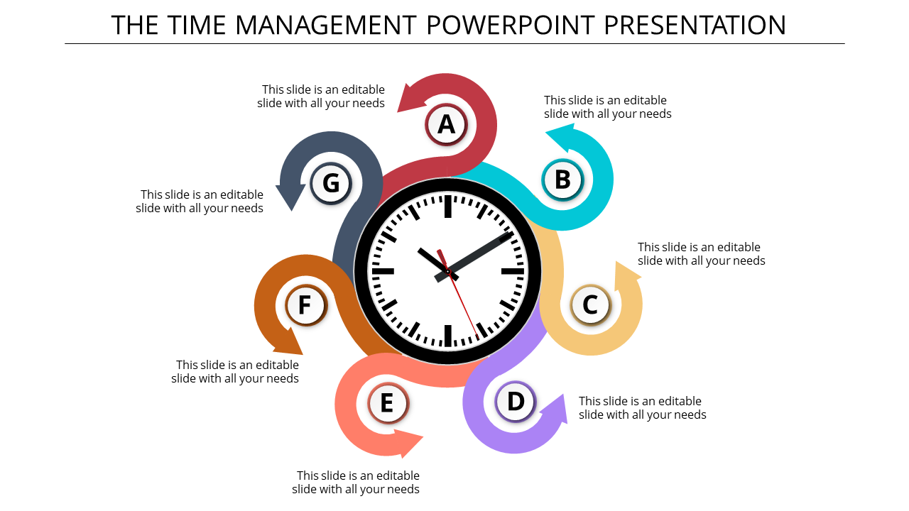 Time management PPT template with a central clock and seven colored sections labeled A to G, each with a space for content.