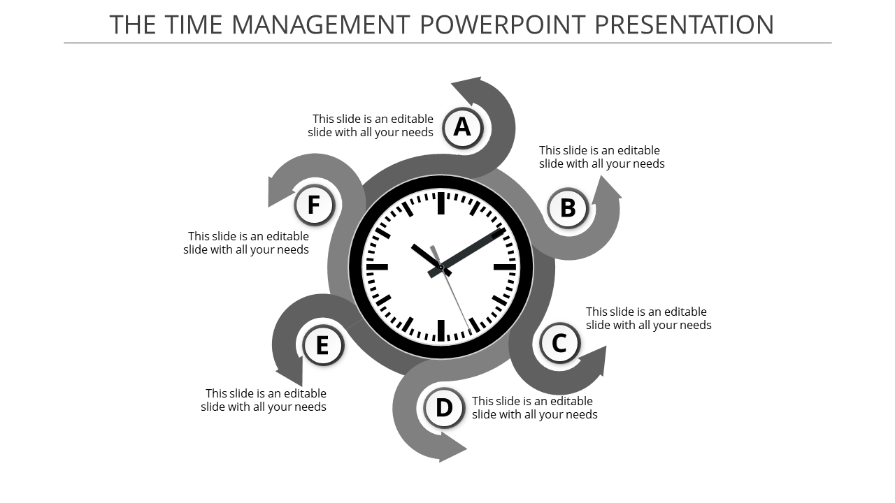 Time management infographic featuring a clock in the center with six gray circular arrows labeled A to F around it.