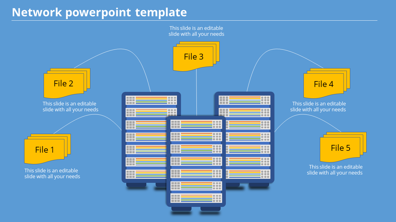 Blue network diagram with three server racks connected to five yellow file icons labeled 1 to 5.