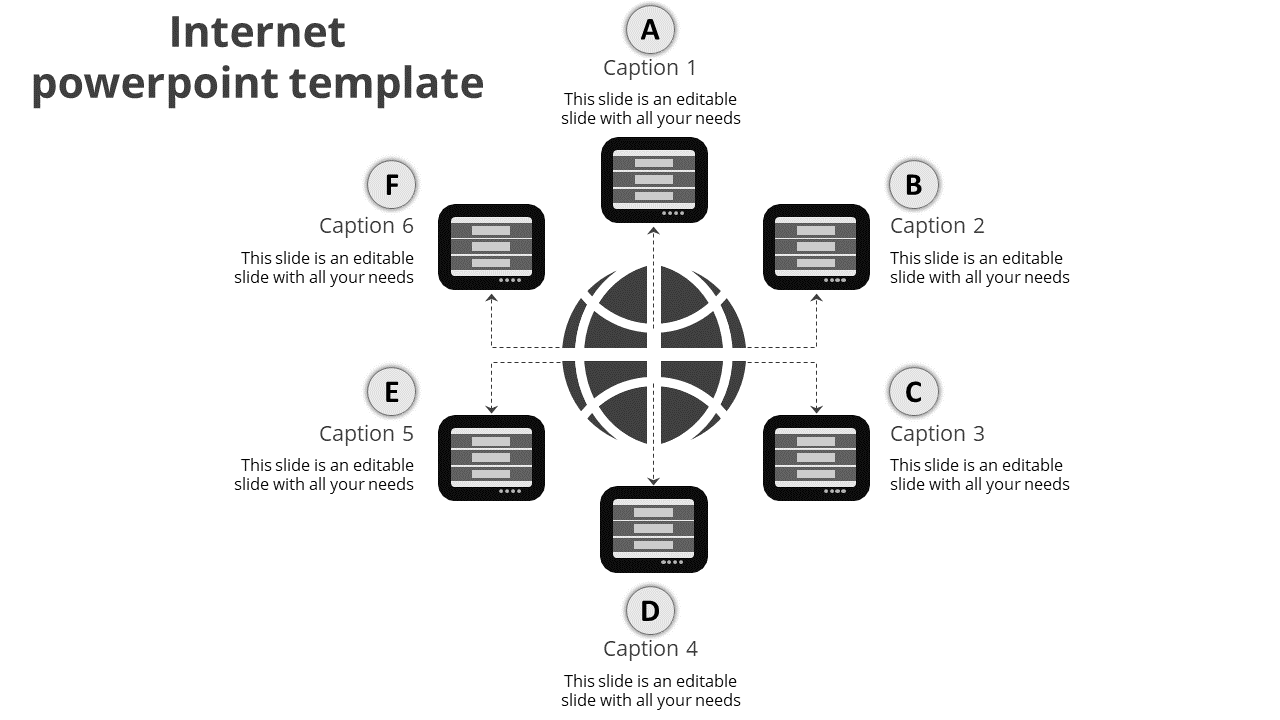 Internet PPT slide featuring six gray interconnected devices and a central globe, representing a global digital network.