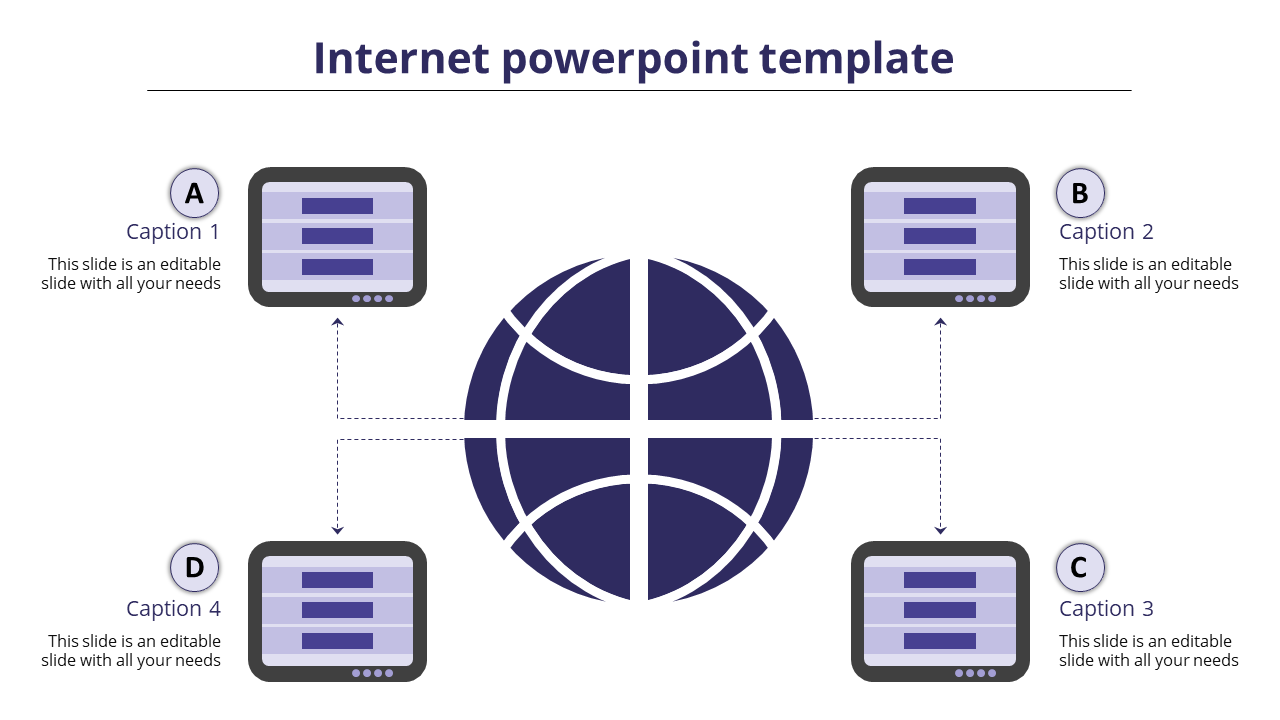 Internet PPT slide with a central globe and four connected devices for showcasing digital networks and global connectivity.