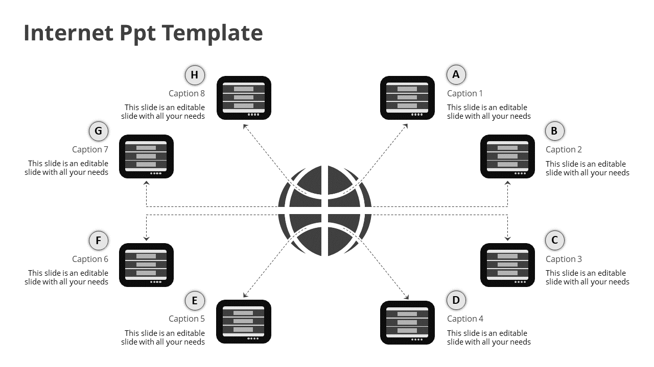 Internet PowerPoint template showing interconnected server icons and text captions for each section.