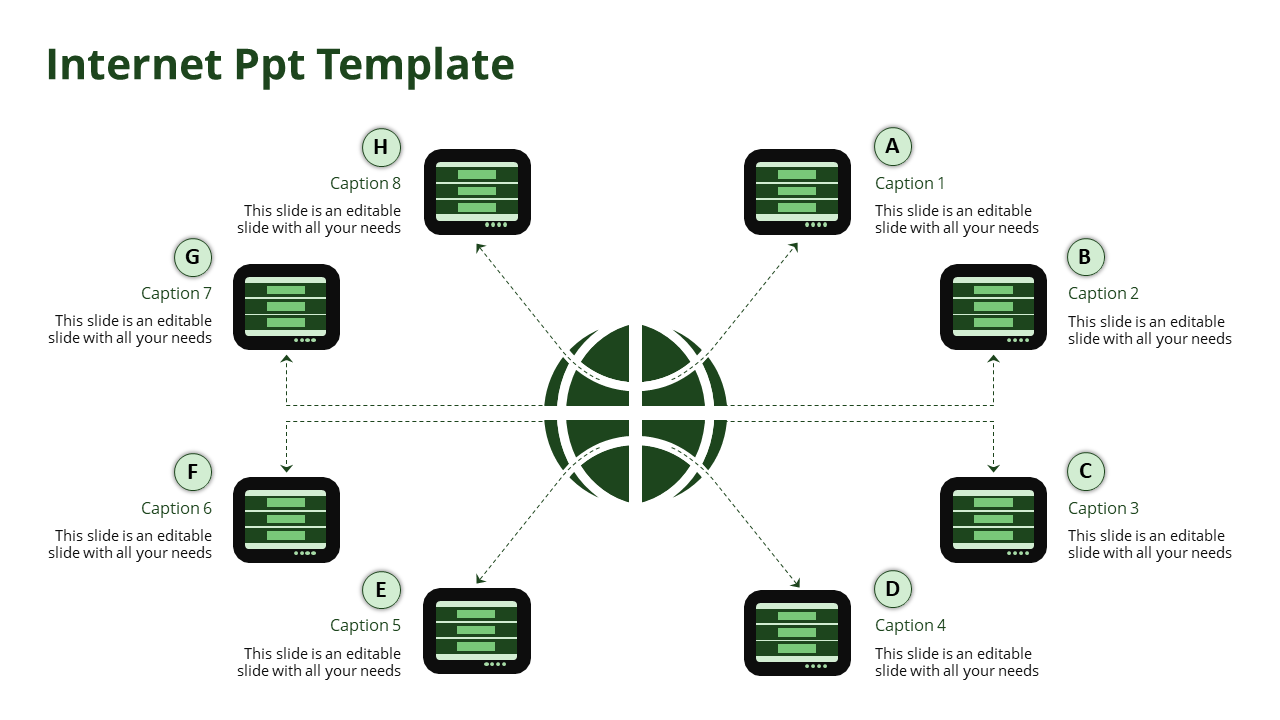 Internet PowerPoint template with a central globe connected to eight monitors, representing a network.