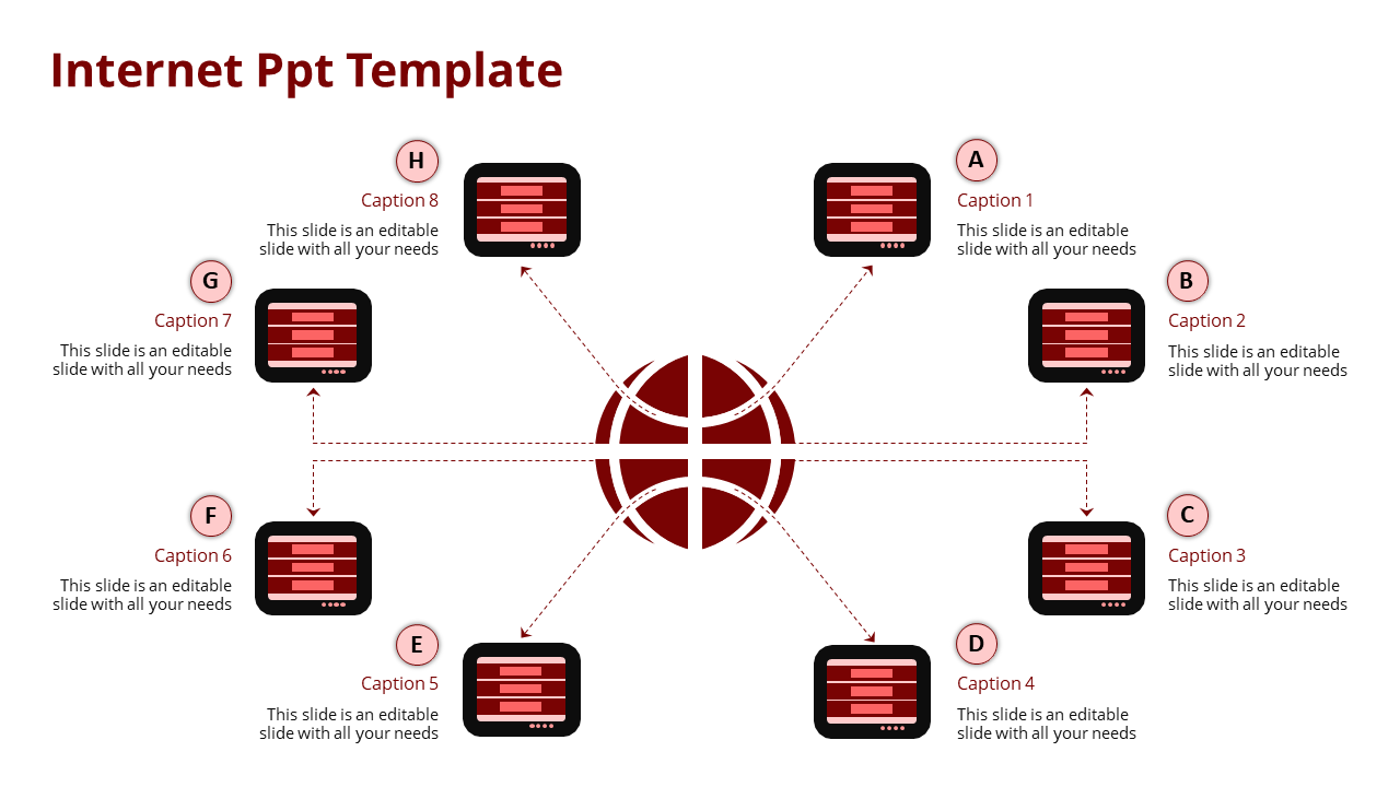 Central red globe linked to eight server icons with labels, showing a networked layout on a white background.