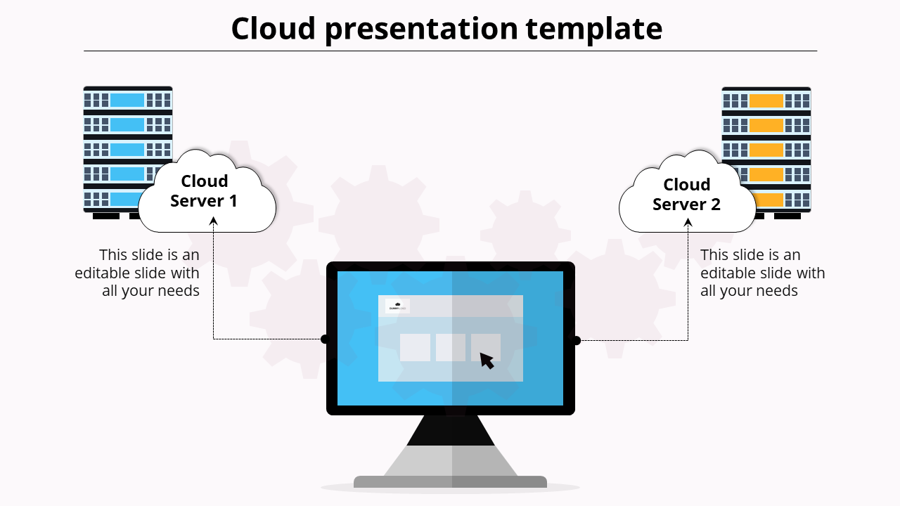 Cloud presentation template showing a computer connected to two cloud servers with gear icons in the background.