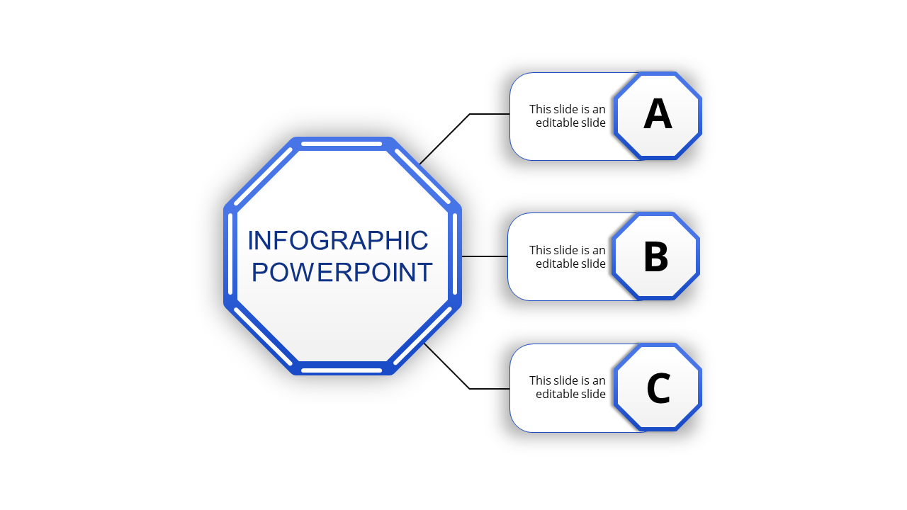 Blue themed infographic featuring a octagonal shape linked to three labeled sections A, B, and C with text placeholders.