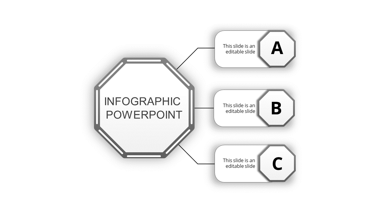 Gray themed infographic diagram with a central octagon connected to three labeled rectangular text boxes on the right.