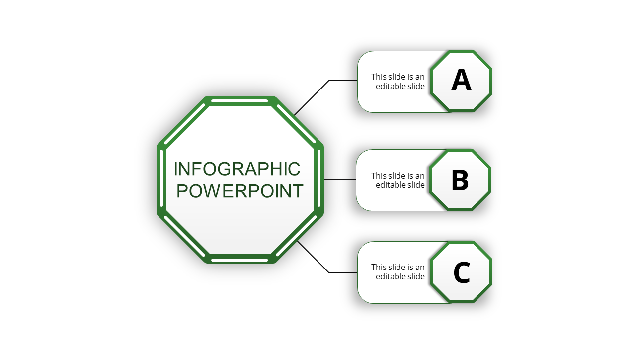 Infographic PowerPoint template with a central hexagonal section and three surrounding text boxes labeled A, B, and C.