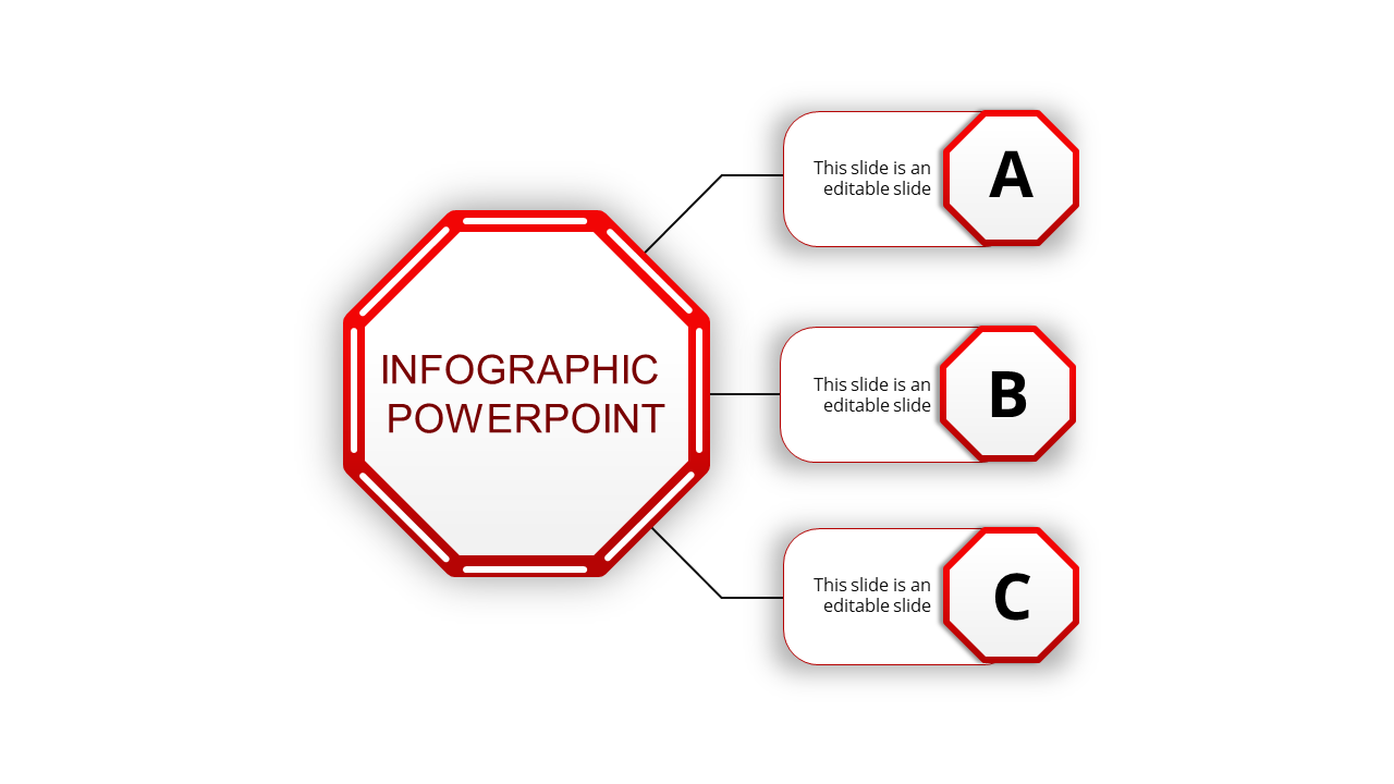 Red themed diagram featuring a central octagon linked to three octagons with text placeholders.