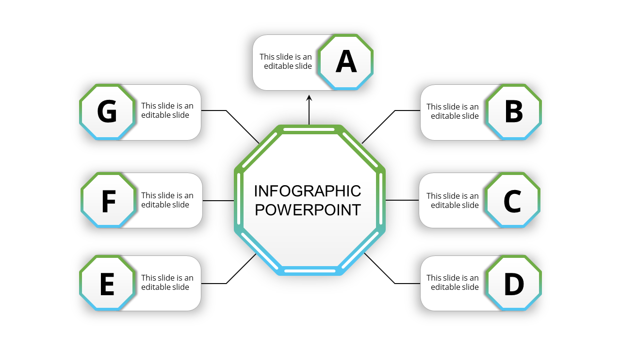 Eight node infographic featuring a bold octagonal center, with surrounding rectangular boxes labeled A to H.