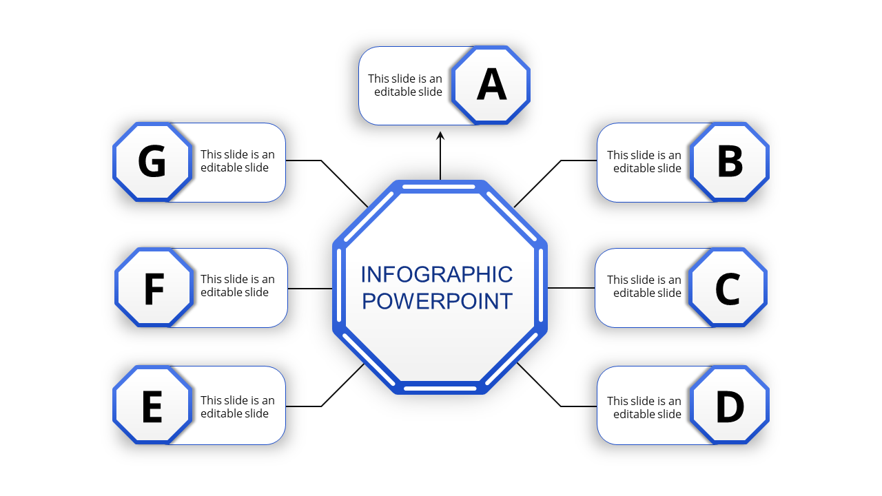 Interactive template displaying a central octagon and six surrounding boxes, for presenting detailed infographic content.